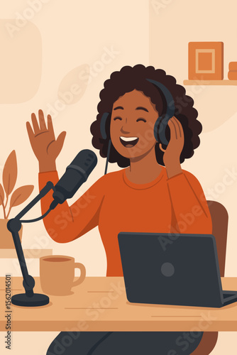 Happy black woman podcaster hosting a live stream. Female content creator or radio host recording audio in a studio with a microphone. Blogger broadcasting online. Vector illustration.