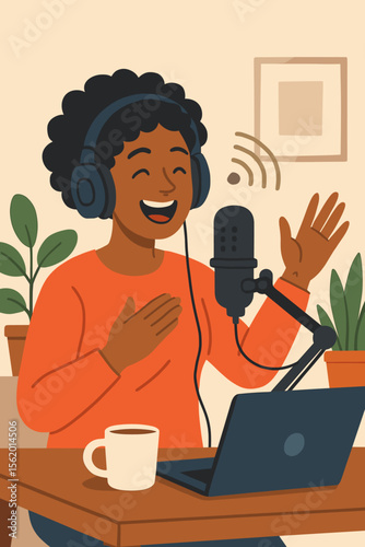 Joyful Black woman recording a live podcast. Happy female podcaster speaking into microphone. Radio host, vlogger, streamer at home studio. Content creation concept. Vector illustration.