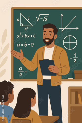 Male teacher explaining a math lesson on a blackboard to students in a classroom. Professor teaching algebra and geometry formulas. Education, learning, and school concept vector cartoon.