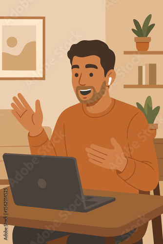 Young Hispanic man on a video call using a laptop and earbuds. Concept of remote work, online meeting, or virtual conference from a home office. Freelancer communicating online. Flat cartoon vector.
