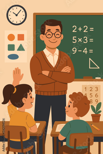 Cartoon teacher and kids in a classroom. Happy man teaching a mathematics lesson at elementary school. Student girl raises her hand to answer question on the blackboard. Education concept.