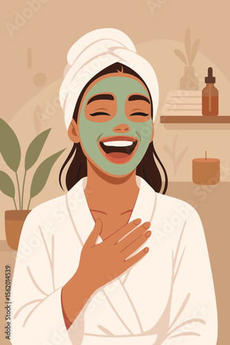 Woman in Spa Robe Practicing Self Care. Relaxing Wellness Ritual. Beauty Treatment at Home. Aromatherapy Candle, Essential Oil, Towel Wrap. Tranquil Bathroom Interior. Healthy Lifestyle Concept