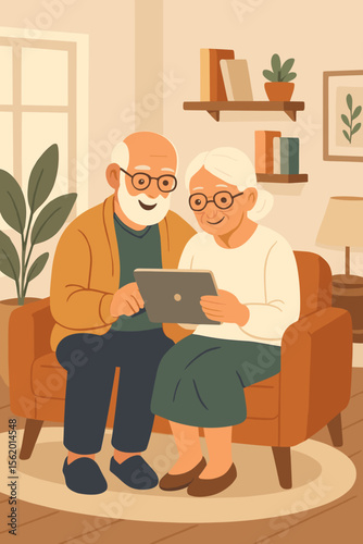 Senior couple using digital tablet together at home. Elderly people technology learning. Modern flat vector illustration. Cozy living room. Online communication. Retirement lifestyle concept