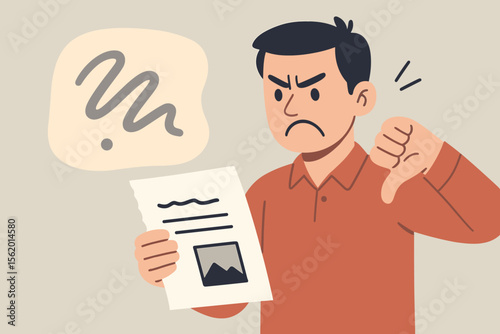 Disappointed Employee Giving Thumbs Down Holding Bad Report Card Negative Feedback Concept Modern Flat Vector Illustration Unhappy Worker Criticism Poor Performance Evaluation Workplace Review