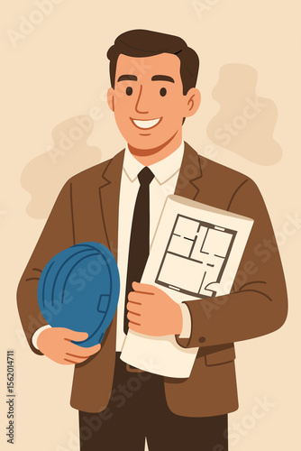 Professional architect smiling in suit holding blue safety helmet and rolled building floor plan. Modern flat vector illustration. Construction project manager, engineering, architecture concept
