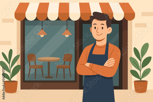 Small business owner in apron standing confidently at cozy cafe entrance. Modern flat vector illustration of coffee shop exterior, entrepreneur, restaurant facade, hospitality, welcoming atmosphere