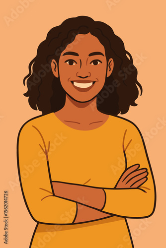 Confident Latin woman with crossed arms in yellow sweater, modern flat vector illustration, empowerment, self-assurance, diversity, stylish female portrait, cartoon character, isolated background
