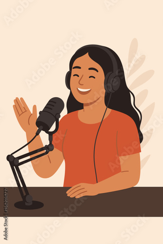 Young woman podcast host recording audio. Flat vector illustration of female broadcaster wearing headphones, speaking into microphone, podcasting, radio show, content creator, communication media
