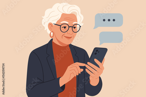 Senior woman using smartphone for texting and chatting. Modern elderly lady with white hair, glasses, earrings, and blazer sending messages. Digital communication, technology, active lifestyle concept
