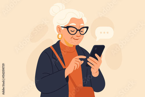 Stylish senior woman messaging on smartphone, modern flat vector cartoon illustration of elderly lady texting, digital communication, technology use, lifestyle and connectivity concept