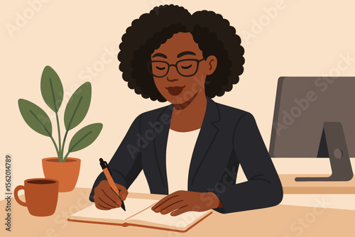 Confident African American businesswoman writing notes at office desk, modern flat vector illustration, professional female manager planning, productivity, workplace organization, leadership concept
