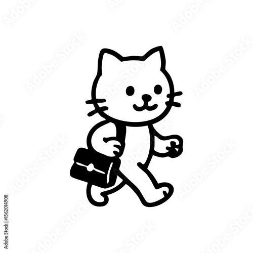 Simple black line drawing of a cat wearing a satchel