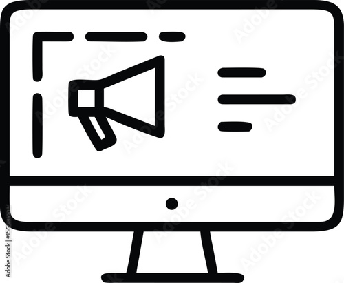 Line drawing of desktop computer with marketing megaphone on screen