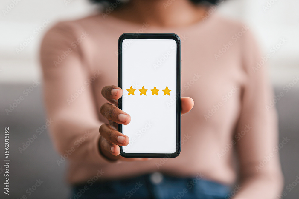 A person holds a smartphone displaying a five-star rating on the screen, symbolizing excellent feedback or high-quality service. A person holds a smartphone displaying a five-star rating on the screen, symbolizing excellent feedback or high-quality service.
