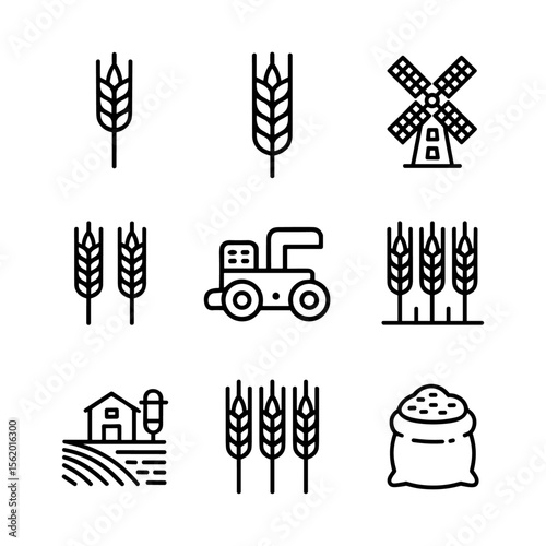 Farming and Wheat Icons Set Agricultural Line Style Vector Illustration