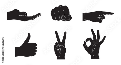 Set of six hand gestures silhouette on white background