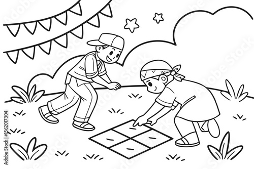 coloring page design, traditional Indonesian games during Independence Day, panjat pinang, balap karung, thick lines, black and white