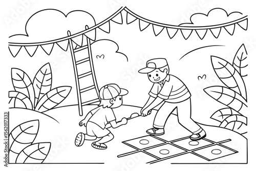 coloring page design, traditional Indonesian games during Independence Day, panjat pinang, balap karung, thick lines, black and white