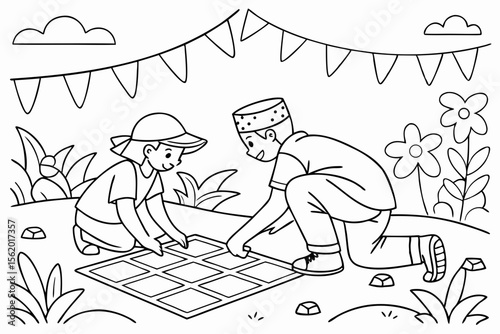 coloring page design, traditional Indonesian games during Independence Day, panjat pinang, balap karung, thick lines, black and white
