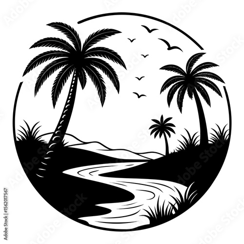 Tropical island scenery depicting palm trees lush landscape birds silhouette within a circle