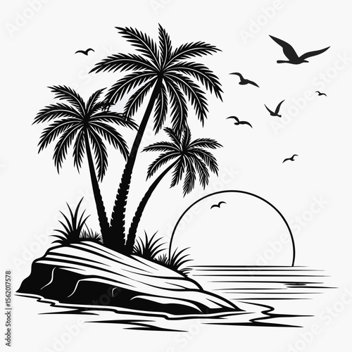 Tropical island sunset scene depicting palm trees and seagulls in a black and white silhouette