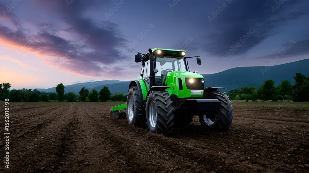 Fototapeta premium Green tractor working in a rural field at sunset