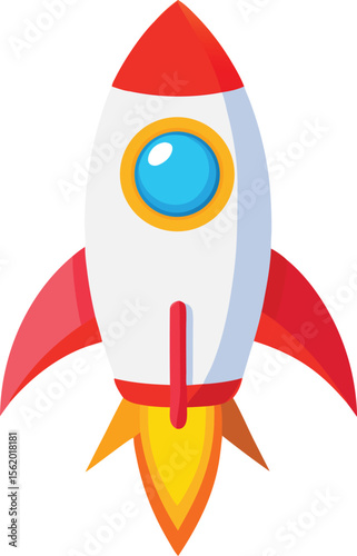Cartoon rocket ship launching into space with fiery exhaust and blue window
