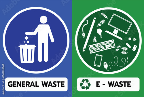 Vector sign illustrating separation of general waste and electronic waste with simple icons for environmental awareness and proper disposal.