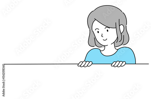 上から顔をのぞかせて何かを見下ろしている笑顔の女性のベクターイラスト