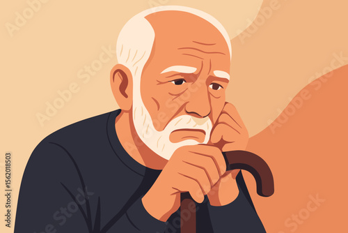 Sad lonely senior man holding a walking cane. Portrait of a thoughtful elderly grandfather. Concept for depression, old age, grief, dementia, loneliness, mental health. Vector.