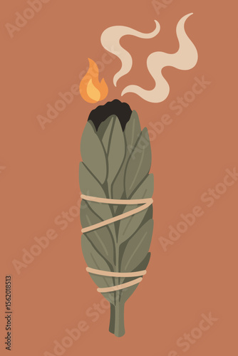 Burning sage smudge stick illustration. Esoteric ritual for spiritual cleansing and purification. Meditation, aromatherapy, and healing concept. Boho style herb bundle with smoke.