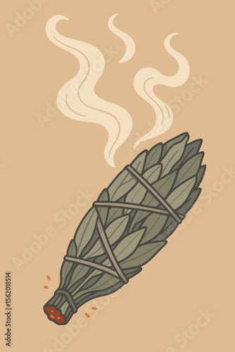 Burning sage smudge stick for spiritual cleansing ritual. Vector illustration of a smudging bundle with smoke. Concept for aromatherapy, purification, meditation, and esoteric practices.