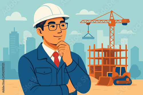 Male architect or civil engineer in a safety helmet thinking about a construction project. Urban development, real estate, and building industry concept with crane. Vector illustration.