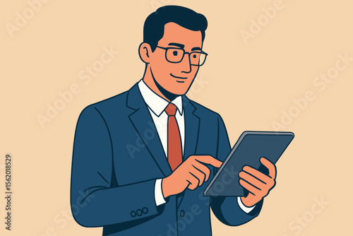 Confident businessman working on digital tablet. Professional manager in suit using device for business. Successful corporate executive concept. Modern flat vector cartoon illustration.