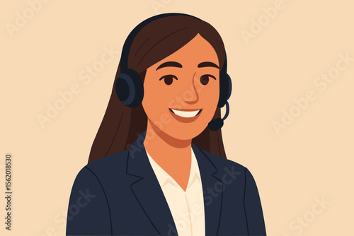 Call center agent woman with headset smiling. Customer service representative or support operator concept. Friendly female consultant for telemarketing or helpdesk. Vector portrait.