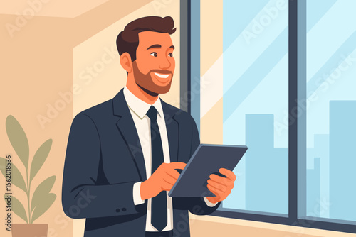 Successful businessman using a tablet in a modern office with a city view. Confident smiling male professional or entrepreneur managing business. Corporate leadership concept vector illustration.