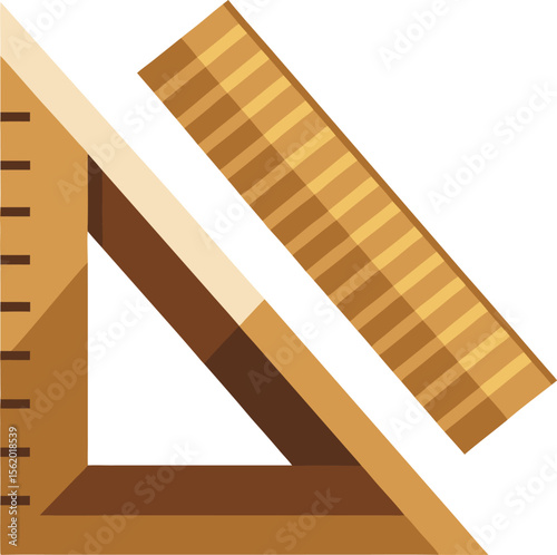 Wooden set square and ruler illustration for drafting and geometry