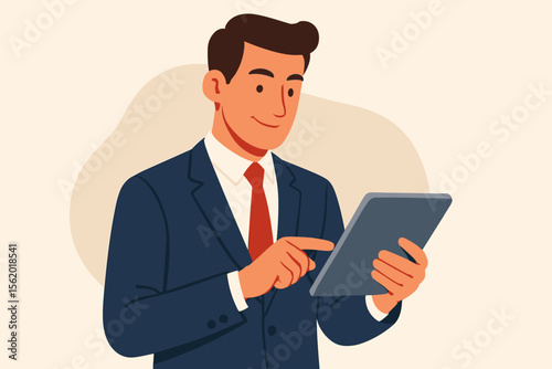 Confident businessman using a digital tablet for work. Professional manager character in a suit analyzing data on screen. Modern flat vector cartoon illustration for a business concept.