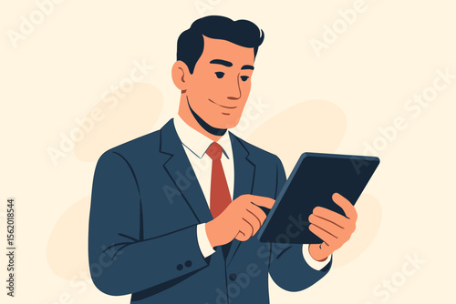 Successful businessman working on a digital tablet. Confident corporate manager or male entrepreneur using a mobile device for data analysis. Modern flat vector cartoon illustration.