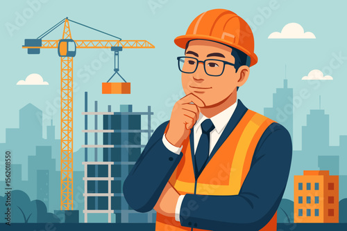Confident Asian engineer or architect in a hard hat planning a building project. Foreman supervising a construction site with a crane. Urban development and real estate concept.