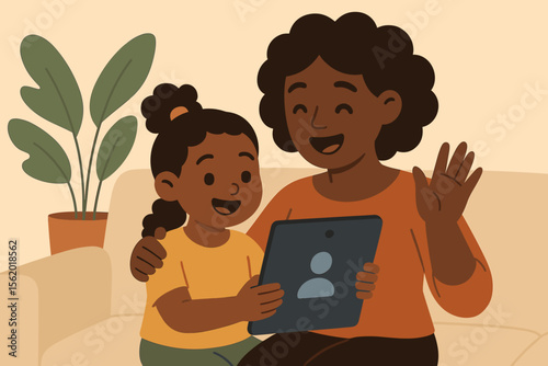 Happy family video call. African mother and daughter using tablet for online communication. Black woman and girl waving at screen. Modern cartoon illustration of remote connection.