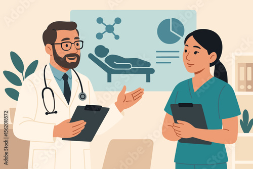 Doctor and nurse medical team collaboration. Healthcare professionals discussing patient diagnosis and treatment plan in a hospital. Analyzing medical data chart. Flat vector illustration.