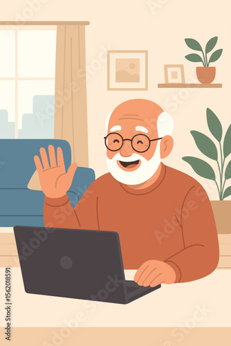 Happy elderly man using laptop for video call at home. Senior person communicating online, waving hello. Grandfather staying connected with family. Modern technology. Vector illustration.