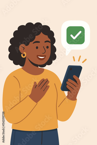 Happy Black woman gets good news on her smartphone. Successful confirmation message with a green checkmark. Concept for approved payment, online booking, task completed. Vector.
