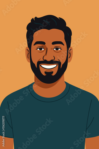 Happy smiling bearded man vector portrait illustration. Handsome young Indian, Arab or mixed race male character in flat design style. Positive person avatar profile picture.