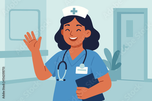 Happy female nurse character in hospital corridor. Smiling healthcare professional waving hand. Concept of medical assistance, health care, and medicine. Flat vector illustration.