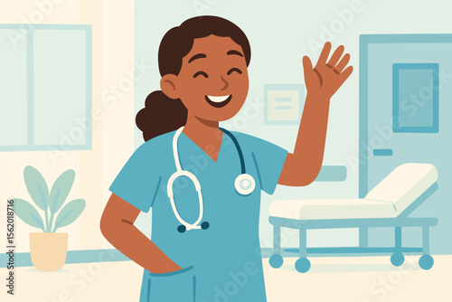 Happy black female nurse in scrubs with stethoscope waving in hospital corridor. Friendly medical worker welcoming patient. Healthcare professional concept vector cartoon illustration.