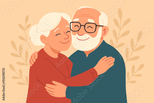 Happy senior couple in love hugging. Elderly man and woman embrace with affection. Grandparents concept for healthy aging, retirement lifestyle, long marriage and companionship.