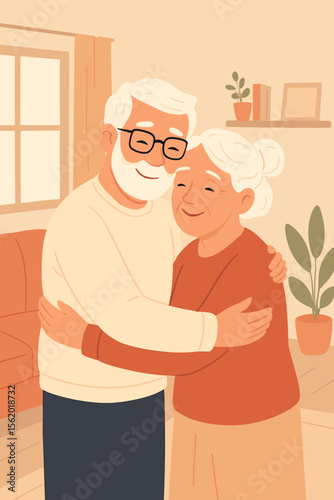 Happy elderly couple hugging at home. Senior man and woman embracing with love and affection. Grandparents together in cozy living room. Concept of retirement, long marriage, and family care.