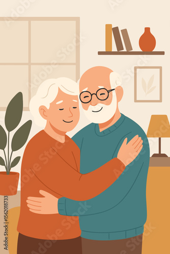 Happy senior couple embracing at home. Elderly man and woman showing love and affection. Grandparents relationship, retirement lifestyle and togetherness. Flat vector cartoon illustration.